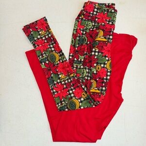 LulaRoe OS leggings solid red and winter holiday print